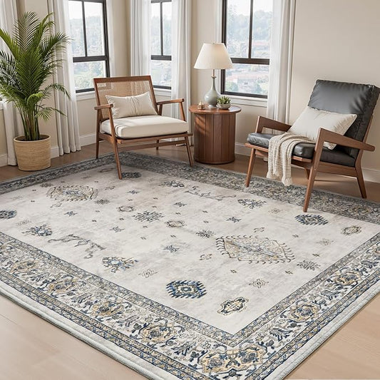 AMOAMI-Vintage Area Rug 3x5 Grey Rugs for Living Room-Soft Washable Rug Non Slip Entryway Rug Indoor Vintage Throw Accent for Bedroom Laundry Room Dining Bathroom Bedside