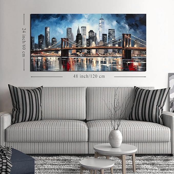 Brooklyn Bridge Wall Decor for Living Room City Canvas Wall Art for Office Blue and Black Bedroom Wall Art 24 x 48 Inch