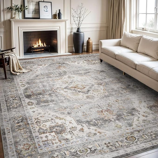 AMOAMI Area Rug - 9x12 Vintage Soft Grey Rug - Non Slip, Washable for Living Room, Bedroom, Dining Room, Office