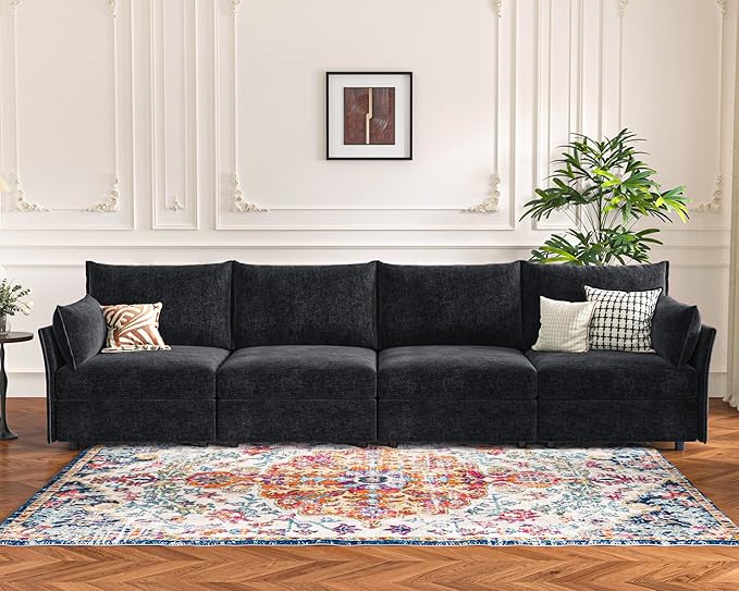 134.6" Modular Sectional Sofa, Oversized 4 Seater Couch with Removable Black Chenille Fabric Cover, Deep Seat & High Backrest for Living Room, Office & Apartment