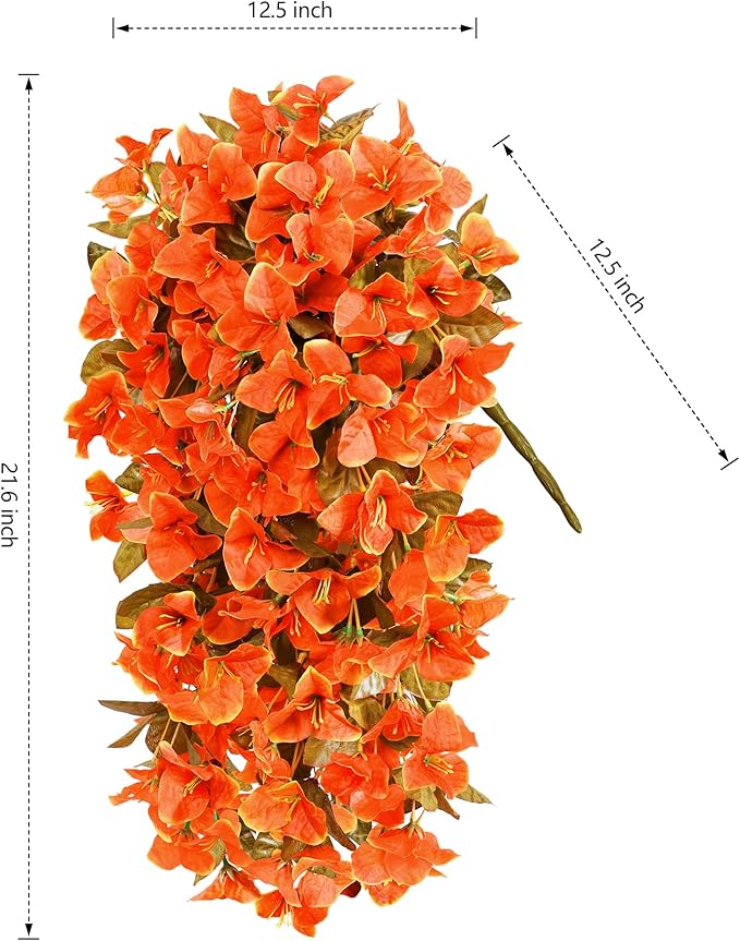 Bougainvillea Artificial Flowers Plants for Outdoors Outside Fall Autumn Decor, 2 pcs Faux Silk Long Trailing Vines UV Resistant Look Real Orange Fake Flowers for Front Door Porch Planter Urn Patio