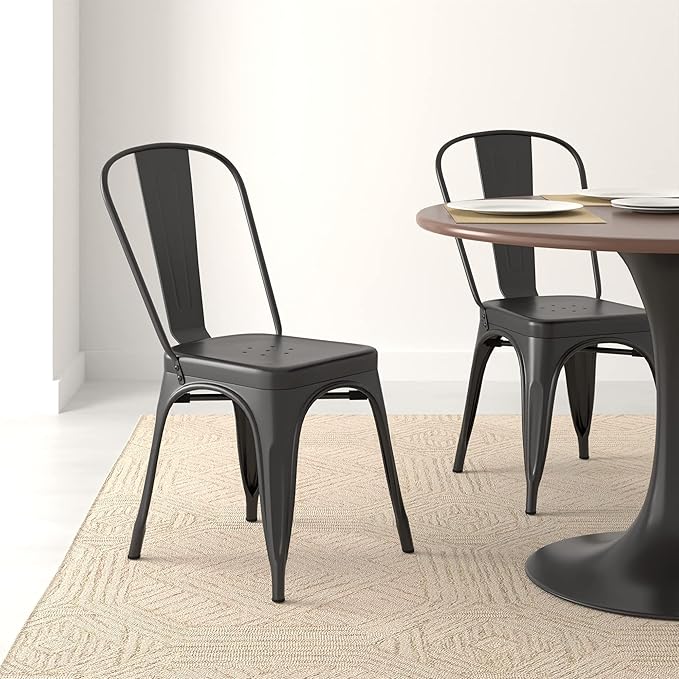 Amazon Basics Metal Dining Chairs, Matte Black, 1 Count (Pack of 4)