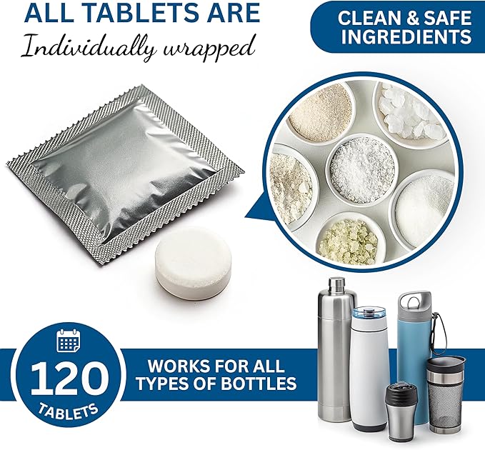 120-pcs Water Bottle Cleaner Tablets, Chlorine-free, Water Bottle cleaner, Tumbler washer and Glass bottle cleaner Removes stubborn stains and Freshens glass bottles and utensils