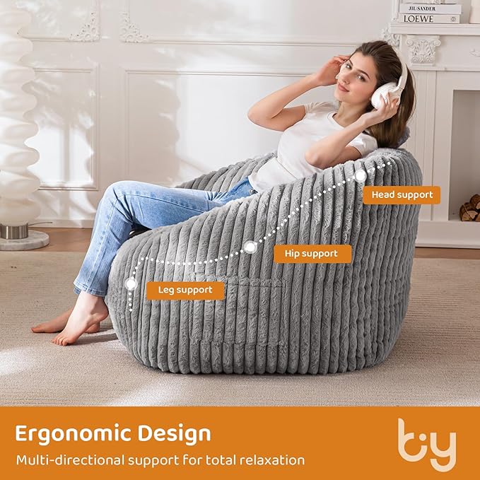 BYBYME Giant Bean Bag Chair for Adults and Kids, Large Comfy Cozy Beanbag, Floor Sofa for Teens, Living Room, Gaming, Reading, Grey