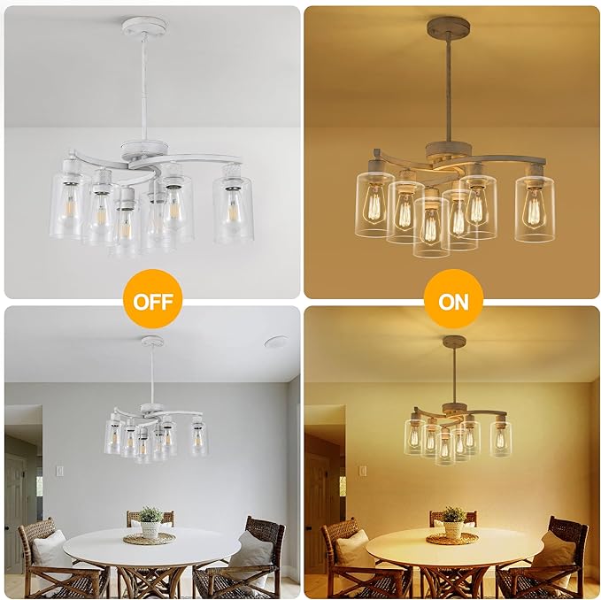 6-Light Antique White Chandelier with Clear Glass Shade, French Country Chandeliers for Dining Room, Adjustable Height Hanging Farmhouse Pendant Lighting for Kitchen Island Entryway Office