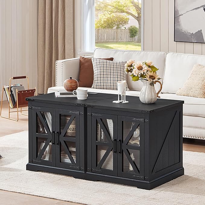 24" End Table with Charging Station, Farmhouse Night Stand with Glass Barn Door, Black Nightstands with Adjustable Storage Shelf, Large Wood Square Bed Side Table for Living Room,Bedroom