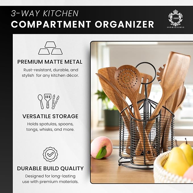 360° Rotating Kitchen Utensil Holder- 3 Compartment Organizer with Cork Bottoms | Includes Premium 9-Piece Acacia Wood Utensil Set | Professional & Home Luxury Design | Metal Utensil Crock (Black)