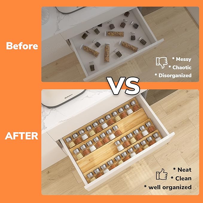 AMBIRD Bamboo Spice Drawer Organizer with Non-slip Mat,4 Tier - 2 Set Jar Spice Rack Tray From 9.5''to 19'', Seasoning Organizer for Kitchen,Cabinet,Drawers,Countertop