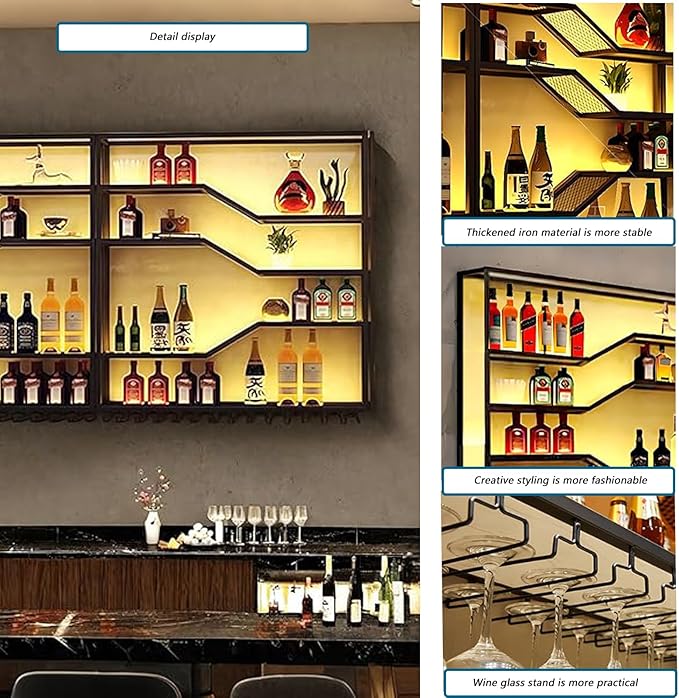 78.8in Wall Mounted Wine Rack with LED Light, 5-Tiers Liquor Bottles Display Shelf with Glasses Holder, Metal Home Bar Shelves with Industrial Iron Frame for Kitchen(Black, 78.8in/6.56ft)