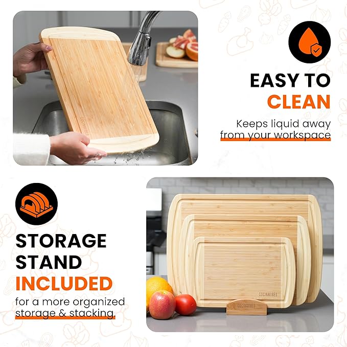 Bamboo Cutting Board Set – Charcuterie & Chopping Boards for Kitchen, Large & Small Sizes, Safe Cutting Boards for Meat, Cheese, Pizza – Home & Kitchen Gift Idea