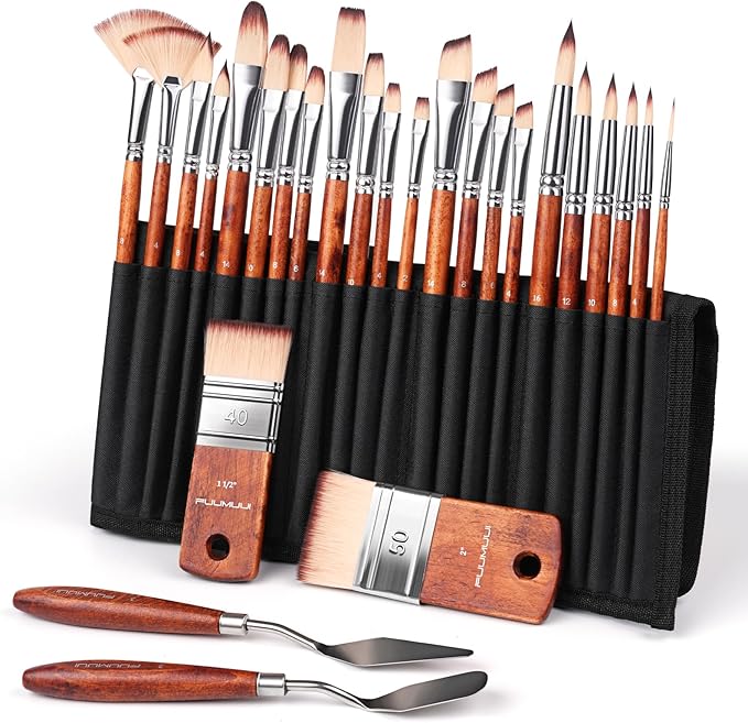 26pcs Paint Brush Set, Fuumuui Professional Acrylic Paint Brushes Complete Range of Sizes with Upgraded Short Handle Wide Flat Paintbrush for Acrylic, Oil, Watercolor and Gouache
