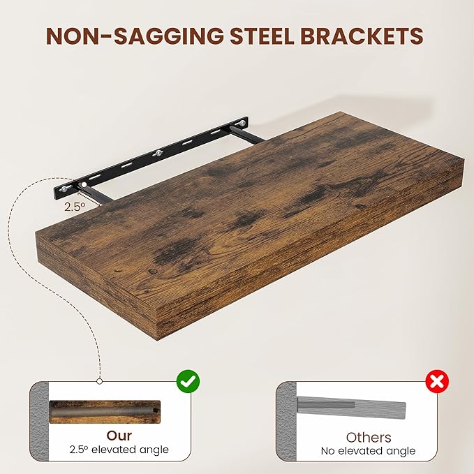 12" Deep Floating Shelves for Wall 48 Inches Long, Heavy Duty Wall Shelves for Bedroom Bathroom Kitchen Laundry Room, Farmhouse Rustic Shelves for Home Decor, 48" X 12" X 2" Set Of 2, Rustic Brown