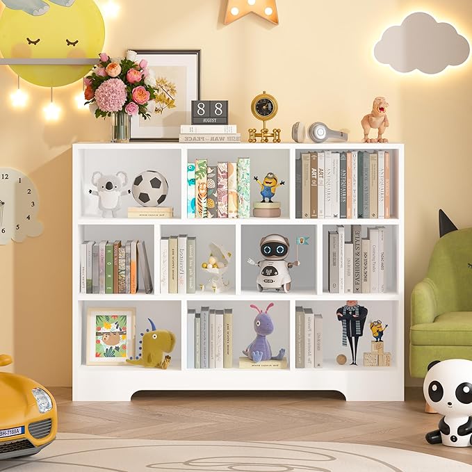 Book Shelf, 10 Cubes Storage Organizer, 3-Tier Open Shelf Wooden Bookcase, Freestanding White Bookshelf Cube Shelf for Bedroom, Living Room, Home Office