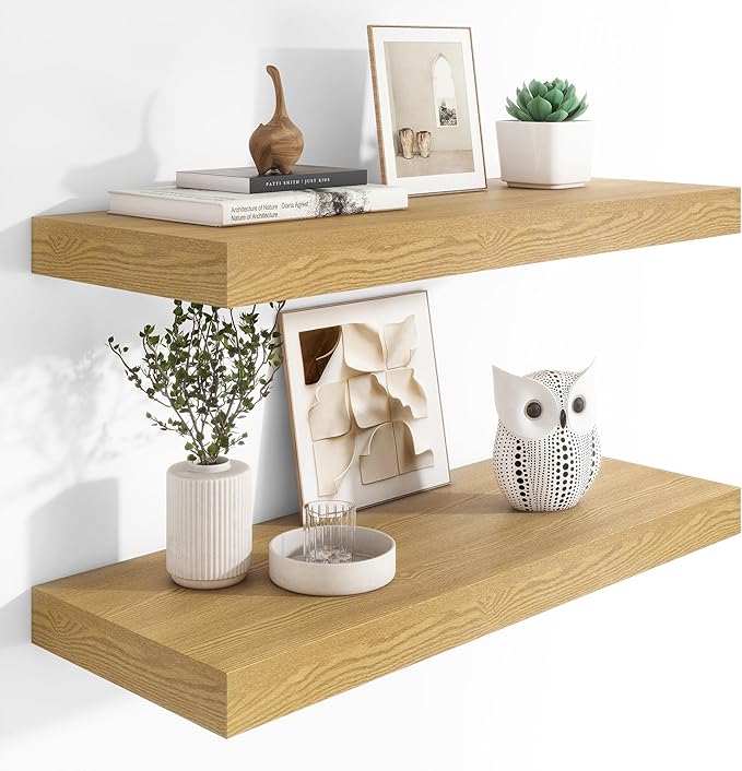 Heimlove 12" Deep Floating Shelves, 36 x 12 Inch Wall Mounted Long Floating Shelf with Invisible Brackets, for Home Decor, Bedroom, Kitchen, Living Room, Bathroom - 2 Pack, Oak