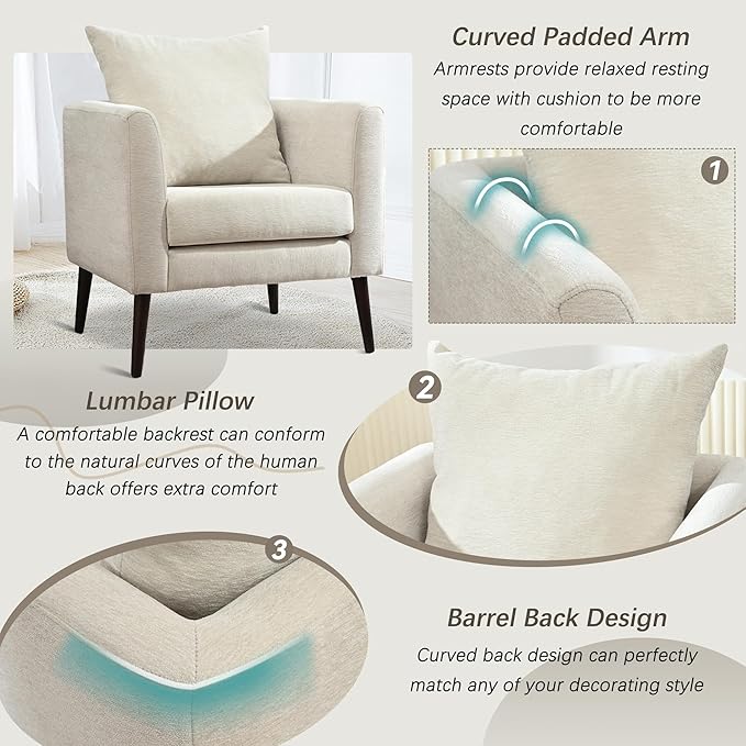 Barrel Accent Chair Set of 2 with Back Pillow, Large Upholstered Armchair with Solid Wood Legs Modern Reading Chairs for Living Room Bedroom