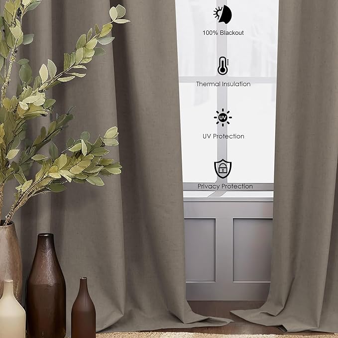 Brown Blackout Curtains 90 Inch Length Thick Linen Patio Drapes for Insulated Sliding Glass Doors Cute Curtains for Nursery Bedroom Aesthetic Modern Farmhouse Decor Back Tab 2 Panels Set 7.5 ft Long