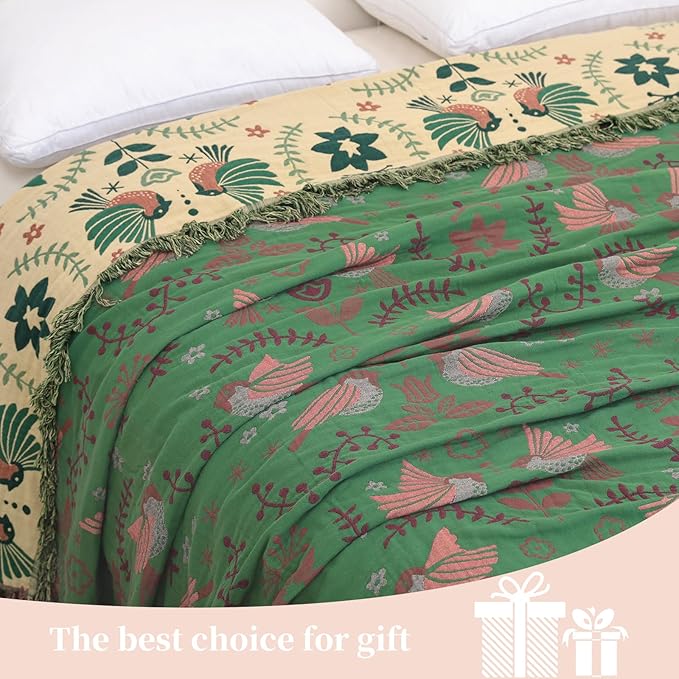 Boho Throw Blanket for Bed, 100% Pure Cotton Ultra Soft Rustic Quilt, Farmhouse Decor Bed Blankets, All Season Rustic Throw for Sofa Couch Chair(60"×80", Bird B)
