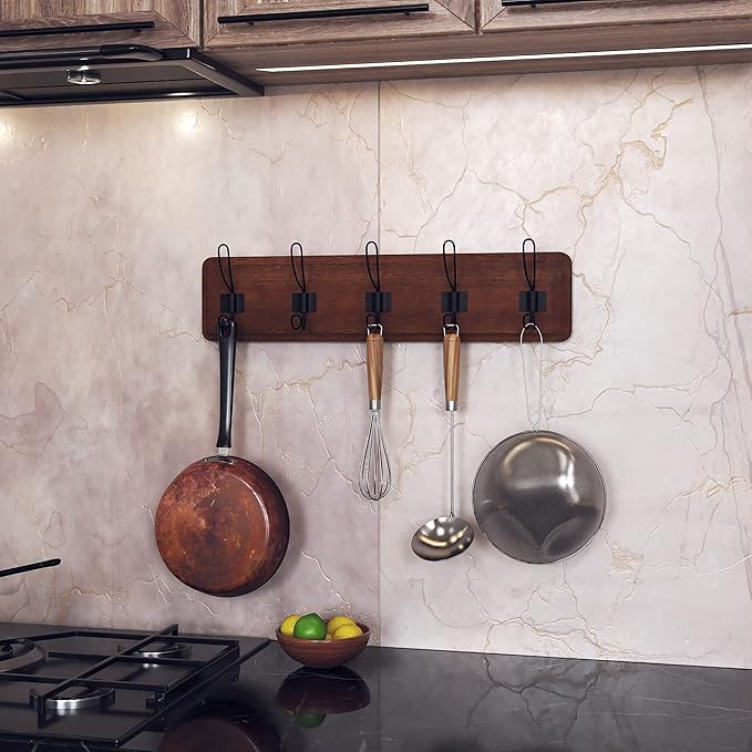 HBCY Creations Dark Wash Brown Rustic Coat Rack Wall Mount with 5 Hooks, Solid Pine Wood 24 inch Wall Hooks for Entryway, Mudroom, Hallway, Bathroom - Vintage Farmhouse Style Wall Mounted Towel Rack