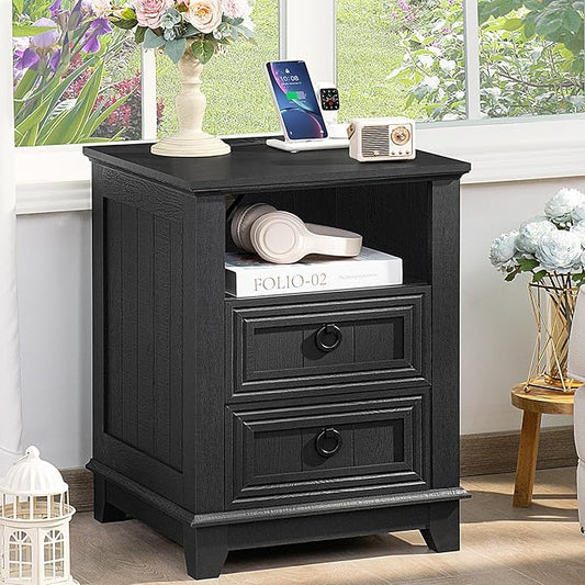 18" Farmhouse Night Stand with Charging Station, 2 Drawers End Table Dresser for Bedroom, Black Wooden Nightstand, Bed Side Table with Open Shelf, Bedside Cabinet for Living Room, Closet