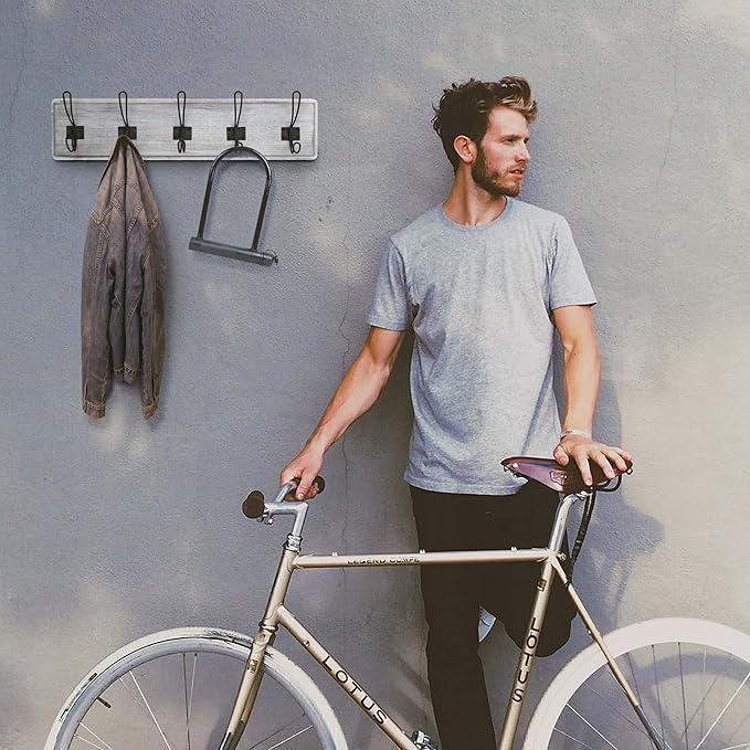 HBCY Creations Rustic Coat Rack - Wall Mounted Whitewash 24" Entryway Coat Hooks - 5 Rustic Hooks, Solid Pine Wood. Perfect Touch for Your Entryway, Kitchen, Bathroom... (Whitewash)