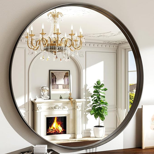 48 Inch Round Bathroom Mirror - Wall Mounted Circle Mirror with Metal Frame, Modern Mirror Suitable for Bathroom, Vanity, Entryway, Living Room, Wall Decor,Black