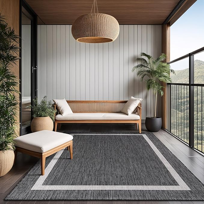 Bordered Outdoor Rug 8x10 Washable Outside Carpet for Indoor Patio Porch Waterproof Easy Cleaning Non Shedding Area Rugs Gray 8 x 10