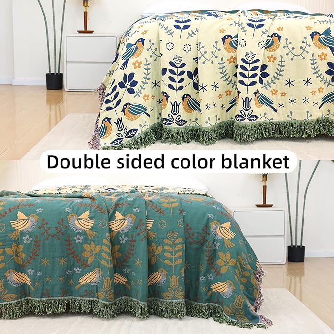 Boho Throw Blanket for Bed, 100% Pure Cotton Ultra Soft Rustic Quilt, Farmhouse Decor Bed Blankets, All Season Rustic Throw for Sofa Couch Chair(80''x 90'', Bird A)