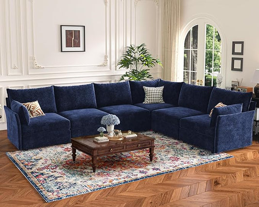 135.5" Oversized Modular Sectional Sofa, L Shaped Convertible Couch with Movable Ottoman, Large 6 Seat Corner Couches for Living Room Deep Seat Blue Chenille