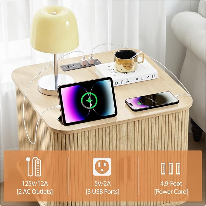 AVZEAR 24" Large Square End Table with Charging Station, Farmhouse Fluted Sofa Side Table with Sliding Tambour Door & Storage, Curved Rustic Wood Nightstand for Living Room, Bedroom, Natural