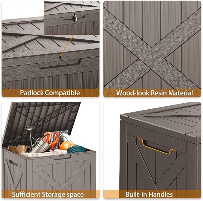 32 Gallon Deck Box Large Outdoor Storage for Patio Furniture,Outdoor Cushions,Garden Tools and Pool Supplies,Waterproof,Resin,Lockable(Grey)