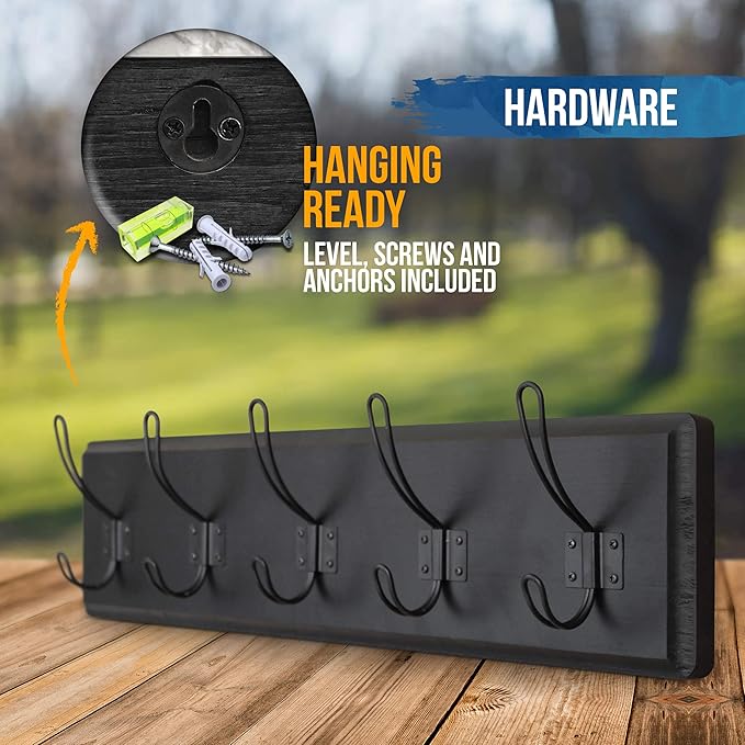 HBCY Creations Black Rustic Coat Rack Wall Mount with 5 Hooks, Solid Pine Wood 24 inch Wall Hooks for Entryway, Mudroom, Hallway, Bathroom - Vintage Farmhouse Style Wall Mounted Towel Rack