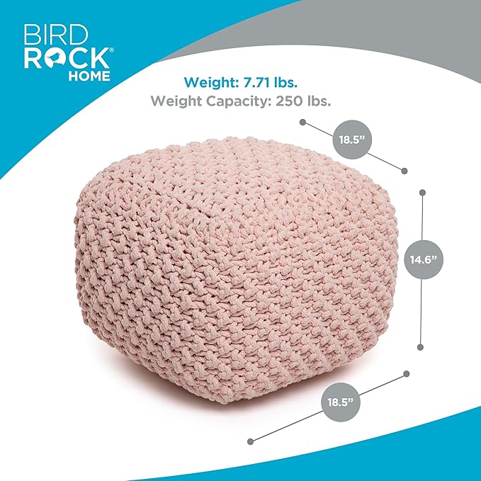 BIRDROCK HOME Square Pouf Ottoman | Cotton Braided Foot Stool with Bean Bag Filling | Boho Foot Rest for Living Room, Bedroom | Compact & Comfortable Seating, Lightweight & Sturdy | Dusty Rose