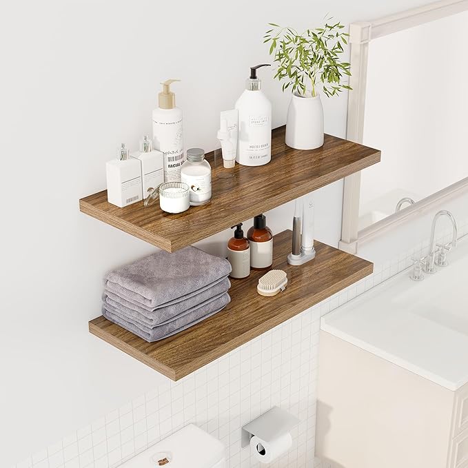 32" Floating Shelves for Wall, 12" Deep Slim Walnut Floating Shelves, Wall-Mounted Shelves for Bedroom, Living Room, Kitchen, Bathroom - Set of 2