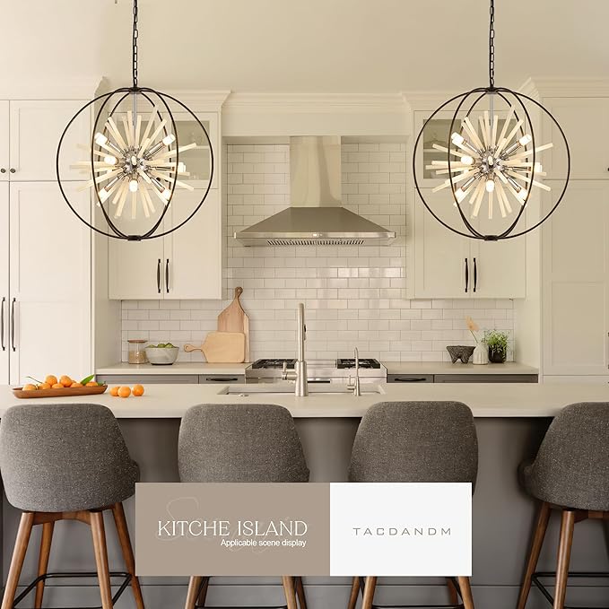 23.6" Black Chrome 12-Light Globe Sputnik Chandelier Modern Adjustable Hanging Ceiling Glass Tube Pendant Light Fixture for Entryway Foyer Staircase Dining Living Room Hallway