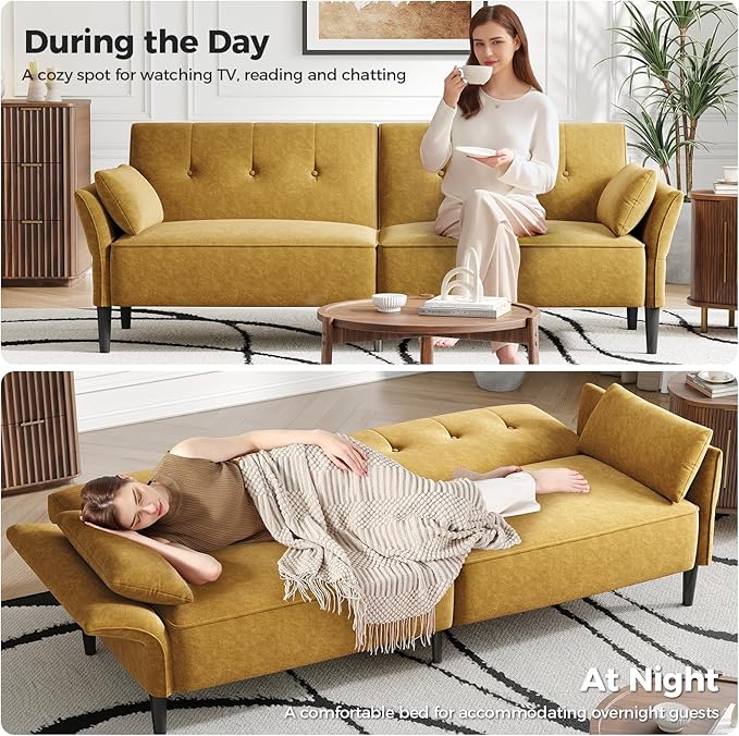 89” Futon Sofa Bed,Comfy Futon Couch Bed with 2 Square Pillows, Convertible Sleeper Sofa with Adjustable Backrest& Armrests, Modern Loveseat Sleeper for Living Room, Bedroom, Yellow