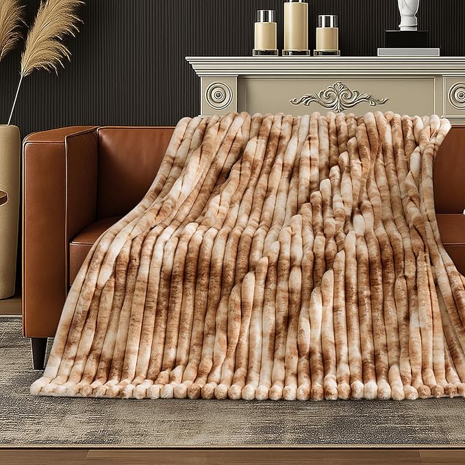 Amélie Home Faux Fur Throw Blanket for Couch, Cozy Fuzzy Fluffy Fur Luxurious Soft Striped Plush Gift Blankets for Family Sofa Chair Bed Living Room Bedroom, 55"x70", Tie-dye Khaki