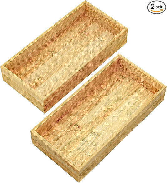 BAMEOS Deep Utensil Drawer Organizer, Bamboo Silverware Organizer for Kitchen Drawer Storage Flatware Junk Cutlery Jewelry 14"x 6.8" Set of 2 (Natural)