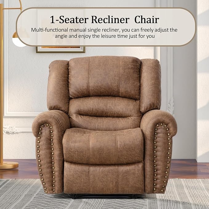 CANMOV Manual Reclining Sofa Set,Faux Leather Manual Recliner Loveseat and Recliner Chair with Overstuffed Armrest for Living Room,Bedroom Furniture,Office,Nut Brown