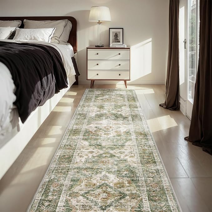 AMOAMI-2X10 Runner Rug-Washable Runners for Hallways-Soft Non Slip Bedside Rugs for Bedroom-Vintage Long Rug for Hallways Entryway Laundry Room Stair Kitchen Bathroom Green