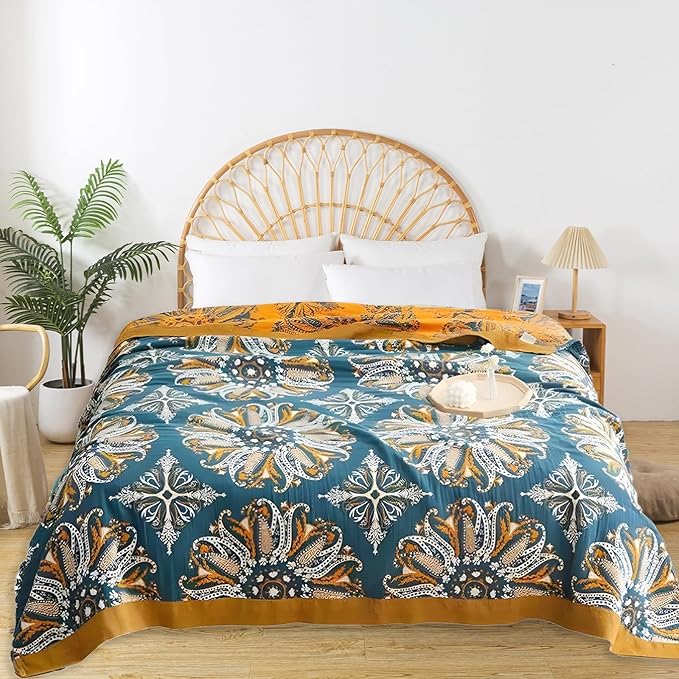 Boho Throw Blanket for Bed - 100% Pure Cotton Ultra Soft Rustic Quilt - Farmhouse Decor Bed Blankets, All Season Rustic Throw for Sofa Couch Chair(91''x 98'', Boho Floral)