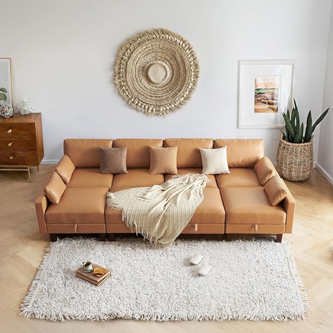 128'' Sleeper Couch, Large Sofa Bed with Storage, Faux Leather 8 Seater Sofa, Mid Century Modern Couch Sofa for Living Room, Guest Room, House, Apartment, Office, Loft, Tan