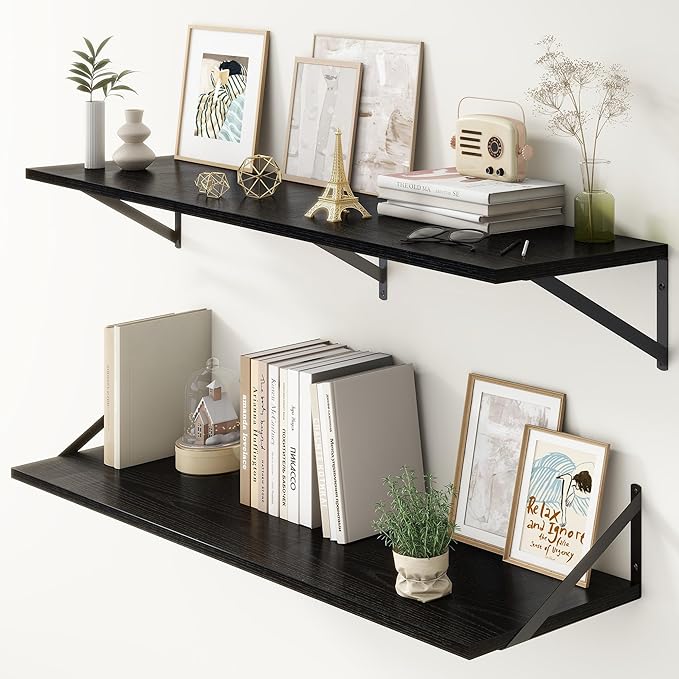 12 Inch Deep Floating Shelves, Black Floating Shelves 48W x 12D, Deep Wall Shelves Bracket Set of 2, Large Display Hanging Floating Shelf for Bathroom, Living Room, Wide Storage Wooden Wall Shelf
