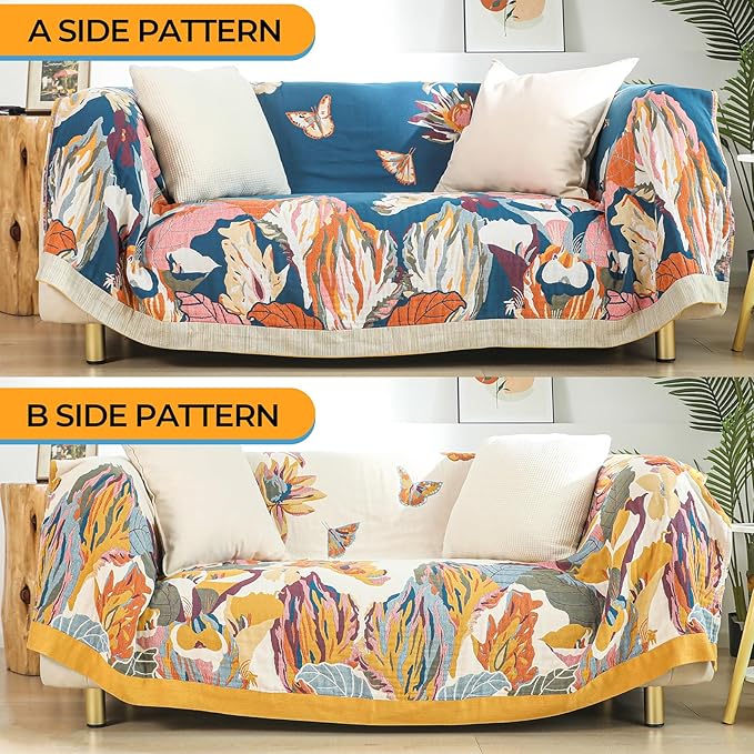 Boho Large Throw Blanket for Bed Couch 60" x 80 "100% Cotton Gauze Fall Blankets Home Decor Soft Lightweight for Sofa Quilt with Floral Butterfly