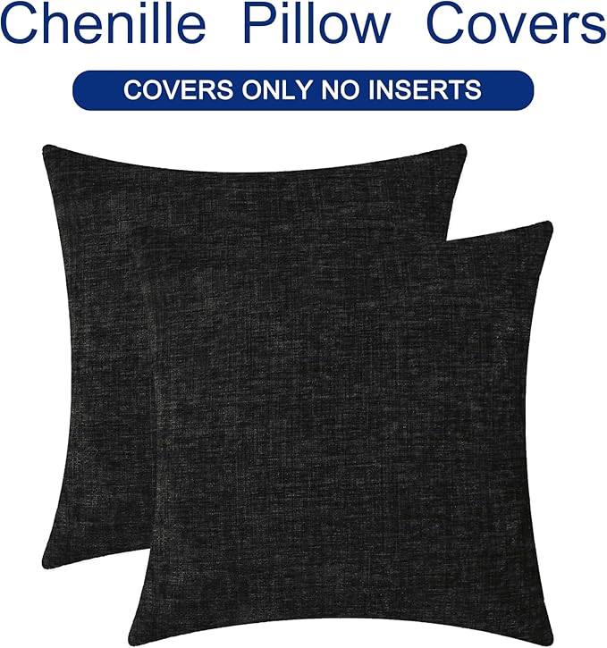 CaliTime Throw Pillow Covers Decorative 24 X 24 Inches Pack of 2 Cozy Chenille Cushion Cases for Couch Sofa Bed Living Room Home Black