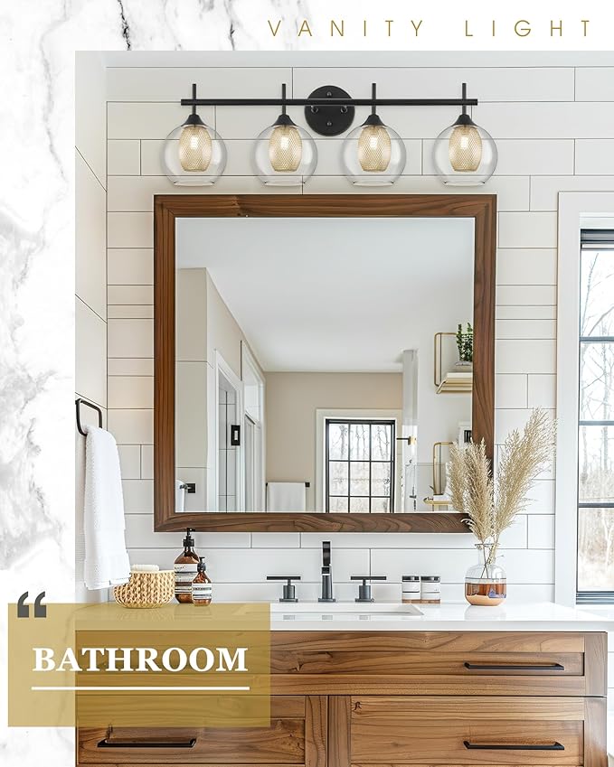 Bathroom Light Fixtures, 4-Light Black and Gold Vanity Lights Over Mirror, 30inch Farmhouse Wall Sconce Lighting with Clear Glass and Honeycomb Metal Shade, AD-22001-4W-BK