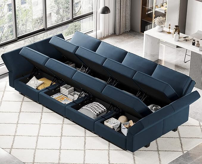 Belffin Modular Sectional Sofa with Storage Chaises Sectional Sleeper Sofa Couch 8 Seat Sectional Bed Blue