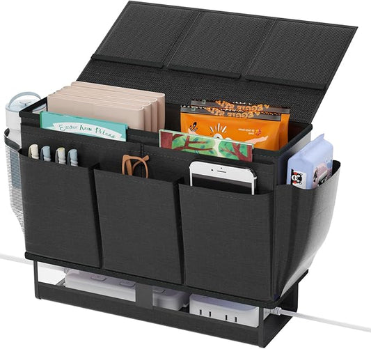 Bedside Caddy, Bed Organizer with 11 Pockets and Power Strip Holder,Versatile Bedside Storage Caddy for Home,Dorm,Bunk,Hospital,Crib Bed (Black)