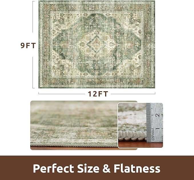 AMOAMI Vintage Soft Green Area Rug - 9x12, Non-Slip, Washable for Living Room, Bedroom, Dining Room, Office
