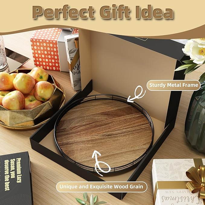 Acacia Wood 13" Lazy Susan Turntable Organizer for Table Top, Farmhouse Round Wooden Lazy Susan for Cabinet Kitchen Centerpieces Coffee Table, for Condiments Spices, Bathroom Vanity Tray Decor