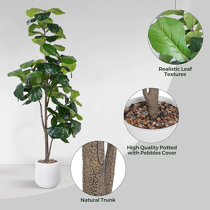 Artificial Fiddle Leaf Tree, 6ft Faux Plant Fake Ficus Lyrata Trees with White Planter, Artificial Fig Trees Floor Plants for House Office Living Room Indoor Home Decor, Housewarming Gift